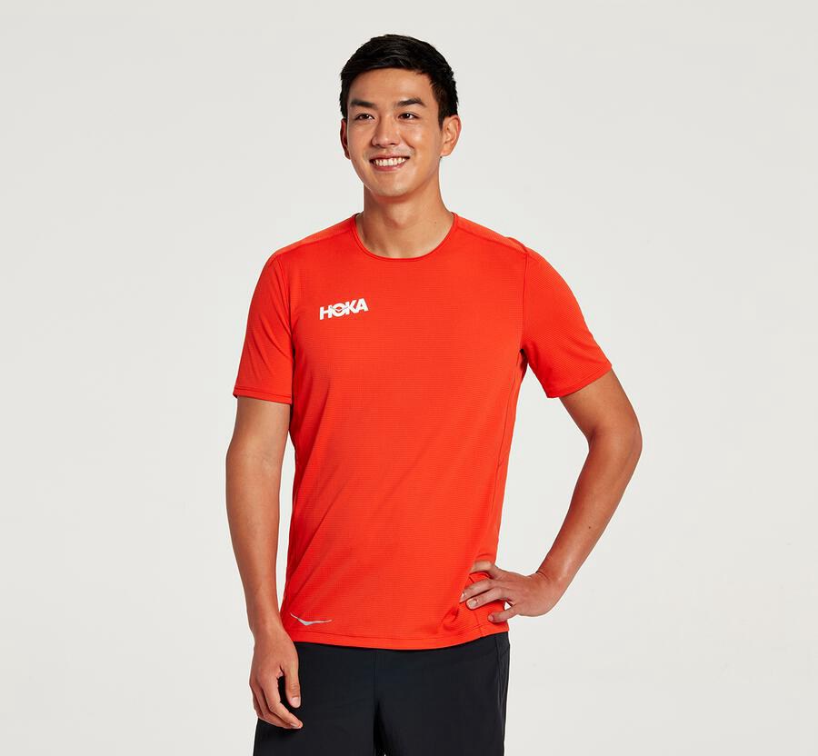 Top Hoka One One Hombre Rojos - Performance Short Sleeve - WDLY75602